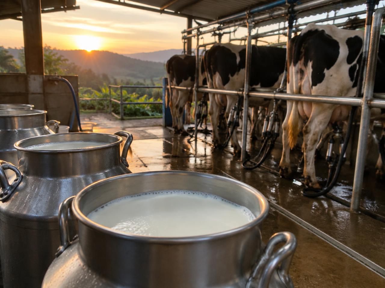 Cantinas de leche en un ordeño al amanecer